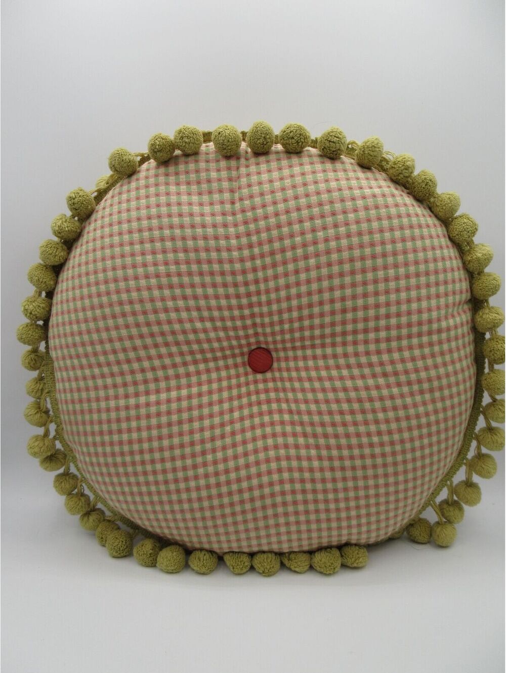 97. Vintage Round Gingham Pom Pom Throw Pillow Pink Green Cottagecore